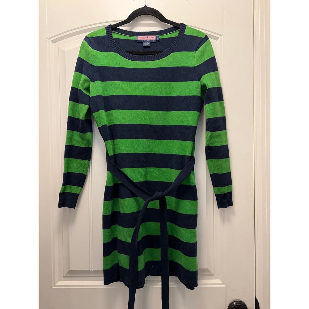 Vineyard Vines Women Sweater Dress‎ Belted Green Navy Striped Long Sleeve Size S